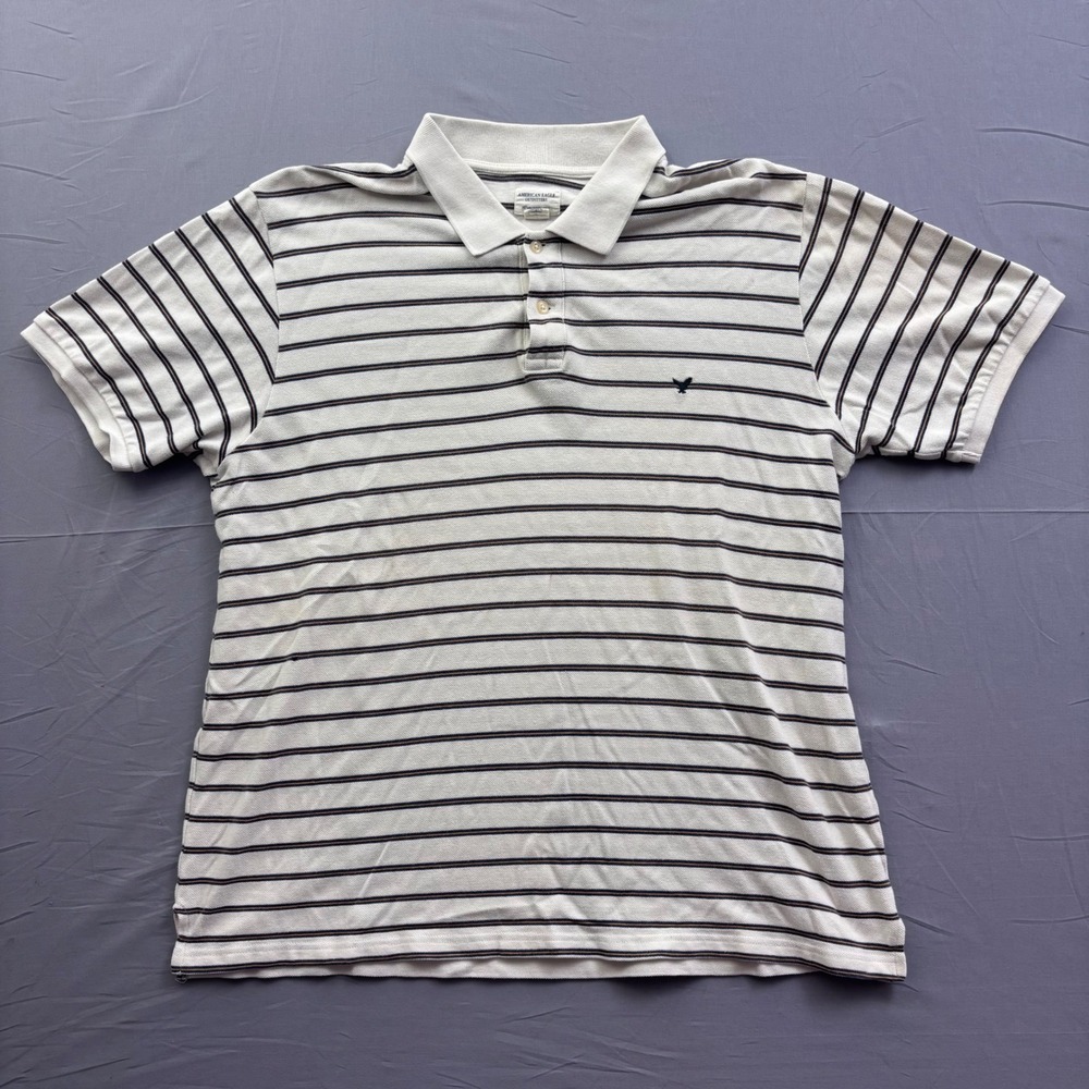 American Eagle Mens XL Polo Shirt White Navy Gold Striped Pique Short Sleeve Y2K
